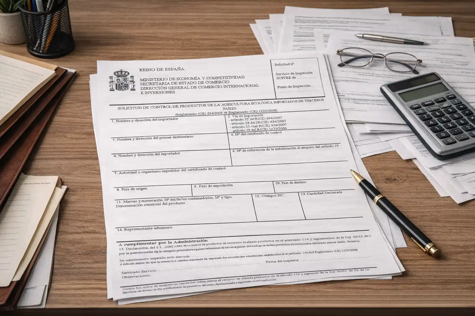 Certificado oficial español impreso, colocado sobre un escritorio de madera, junto a un bolígrafo, unas gafas y una calculadora