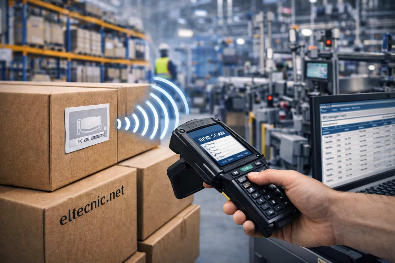 Operario en un almacén escanea cajas de cartón con un lector RFID portátil, mostrando la trazabilidad de productos mediante tecnología inalámbrica en un entorno industrial