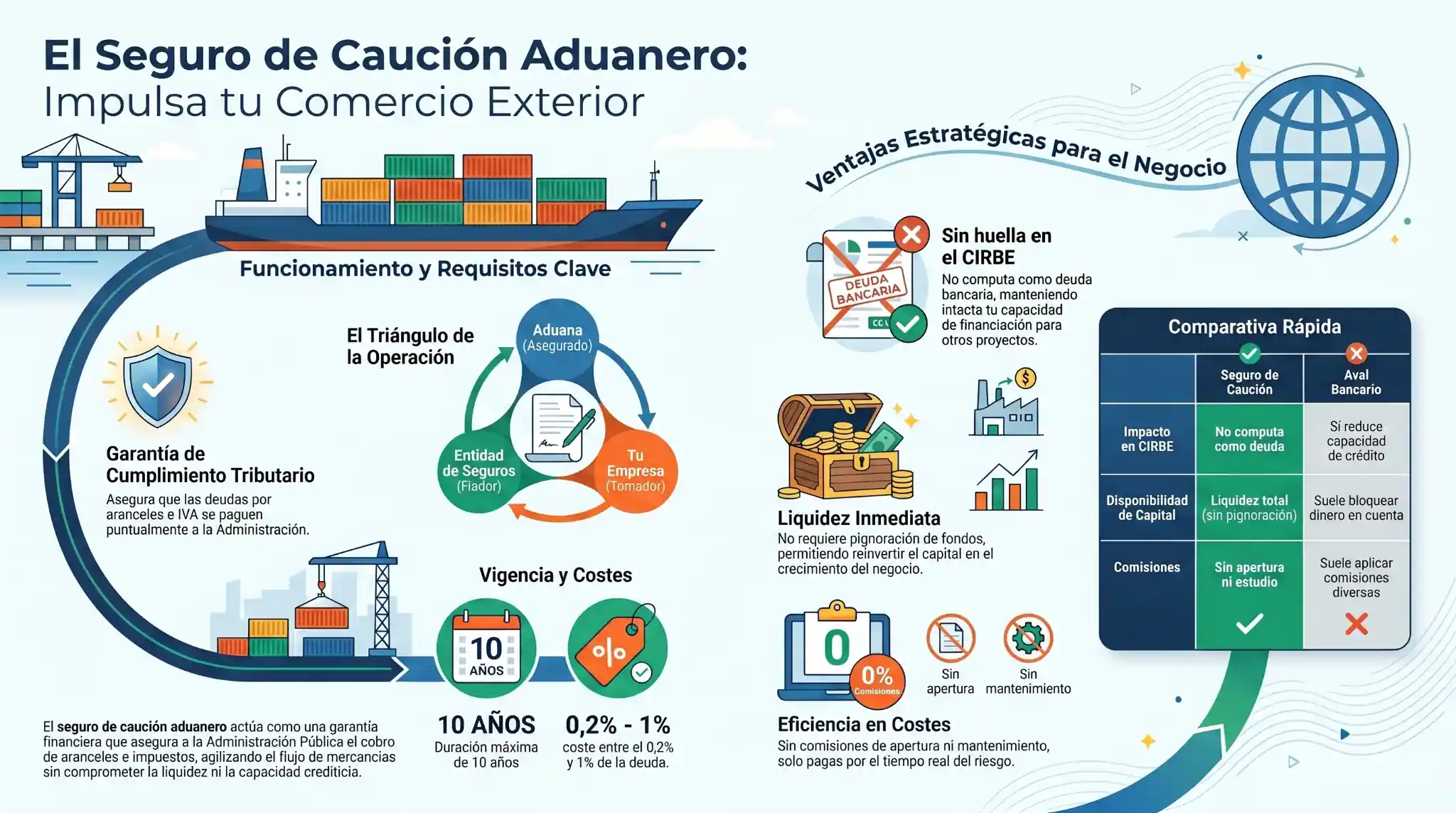 Infografía detallada sobre el Seguro de Caución Aduanero. Explica el funcionamiento entre Aduana, Aseguradora y Empresa. Incluye una comparativa frente al aval bancario