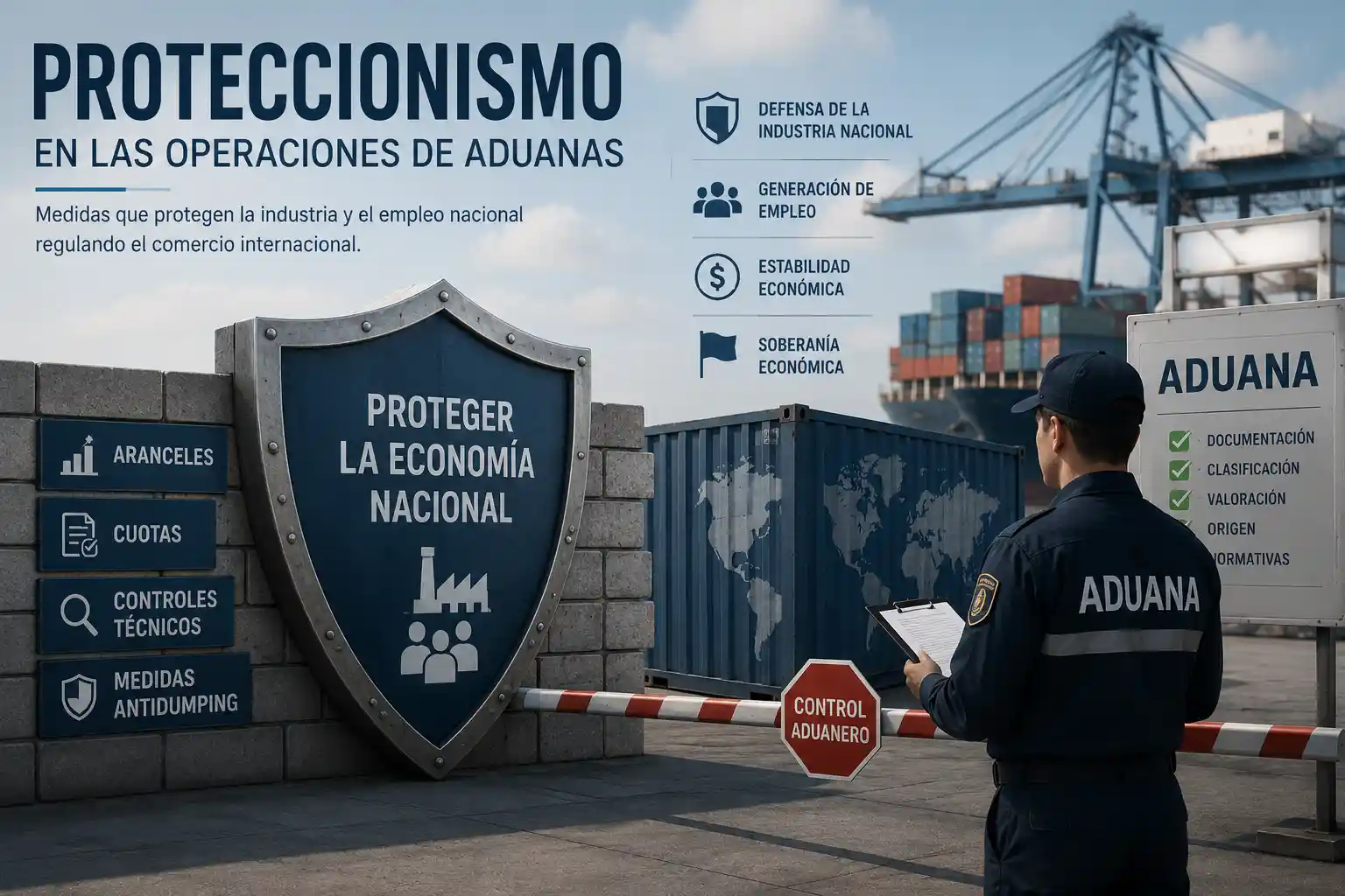 Agente de aduanas supervisando un puerto con gráficos sobre aranceles, cuotas y defensa de la industria nacional