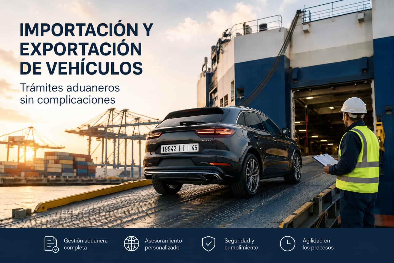 Vehículo con matrícula extranjera siendo embarcado en un buque de carga durante una operación de importación y exportación internacional en un puerto comercial.