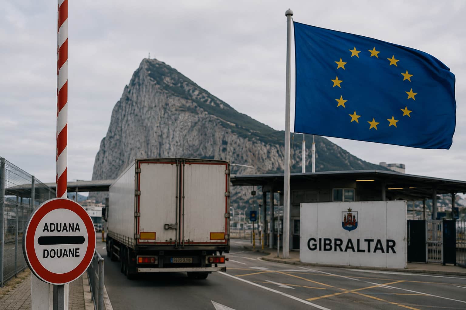 Paso fronterizo de Gibraltar con un camión de mercancías y la bandera de la Unión Europea, representando las operaciones aduaneras entre la UE y Gibraltar.