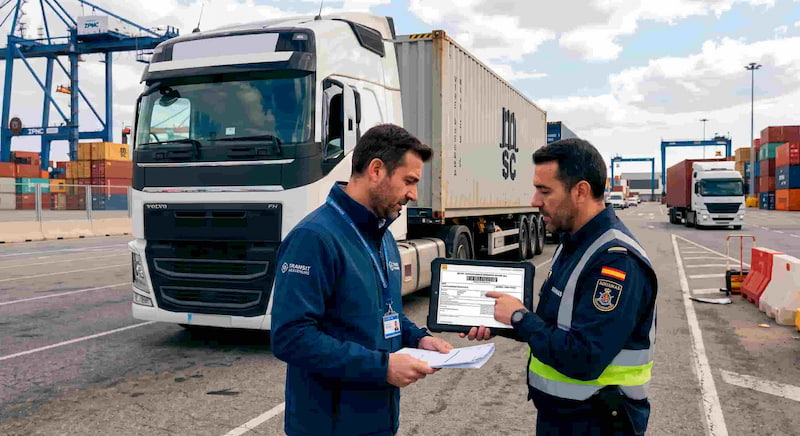 Dos profesionales de la logística y el transporte, revisan y comentan los datos de una declaración de tránsito en una tableta digital, frente a un camión de gran tonelaje con un contenedor de la naviera MSC, en el muelle de un puerto de mercancías con grúas de ZPMC y pilas de contenedores al fondo.