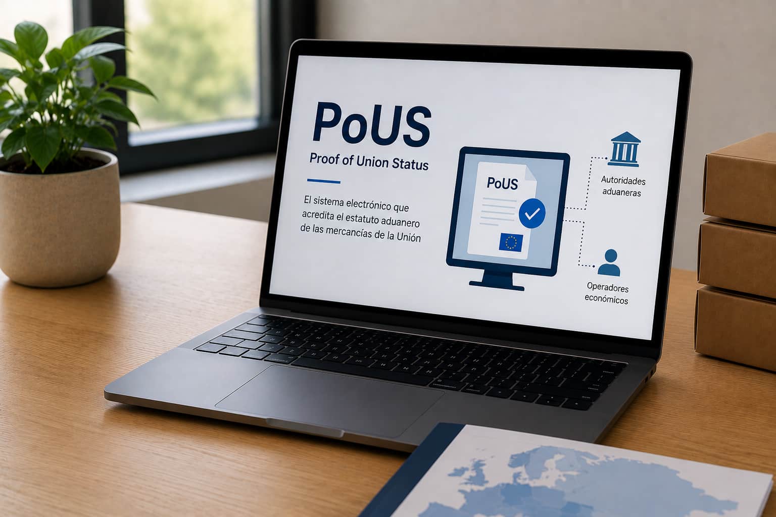 Ordenador portátil con información sobre el sistema PoUS y la gestión electrónica del estatuto aduanero de las mercancías de la Unión Europea.